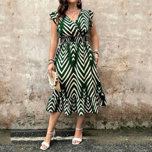 Load image into Gallery viewer, Elegant Arrow Print Midi Dress – Slim Waist V-Neck Dress with Ruffled Hem
