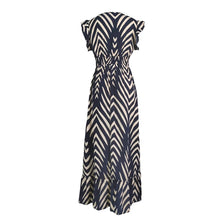 Load image into Gallery viewer, Elegant Arrow Print Midi Dress – Slim Waist V-Neck Dress with Ruffled Hem
