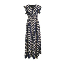 Load image into Gallery viewer, Elegant Arrow Print Midi Dress – Slim Waist V-Neck Dress with Ruffled Hem
