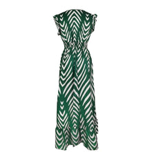 Load image into Gallery viewer, Elegant Arrow Print Midi Dress – Slim Waist V-Neck Dress with Ruffled Hem

