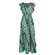 Load image into Gallery viewer, Elegant Arrow Print Midi Dress – Slim Waist V-Neck Dress with Ruffled Hem
