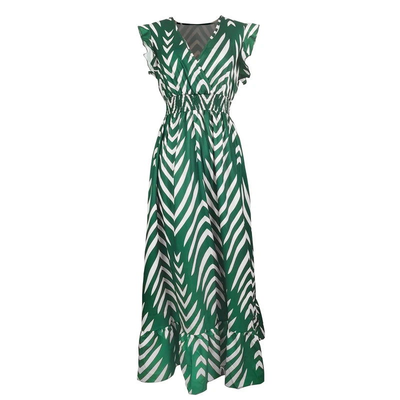 Elegant Arrow Print Midi Dress – Slim Waist V-Neck Dress with Ruffled Hem