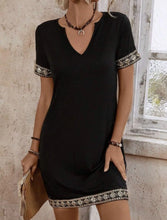 Load image into Gallery viewer, Elegant Sequin Jacquard Knit Dress – V-Neck Short Sleeve with Ribbon Detail
