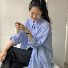 Load image into Gallery viewer, Korean-Inspired Plaid Shirt – Long Sleeve Sunscreen Shirt for Women, Casual &amp; Loose Fit
