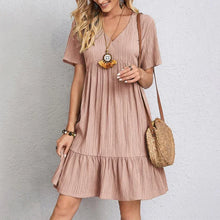 Load image into Gallery viewer, 2025 Elegant V-Neck Pleated A-Line Dress – Short Sleeve Beach &amp; Casual Wear
