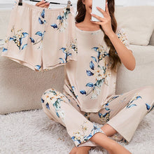 Load image into Gallery viewer, Women&#39;s 3-Piece Loungewear Set – Crew Neck Top, Shorts &amp; Pants Pajamas
