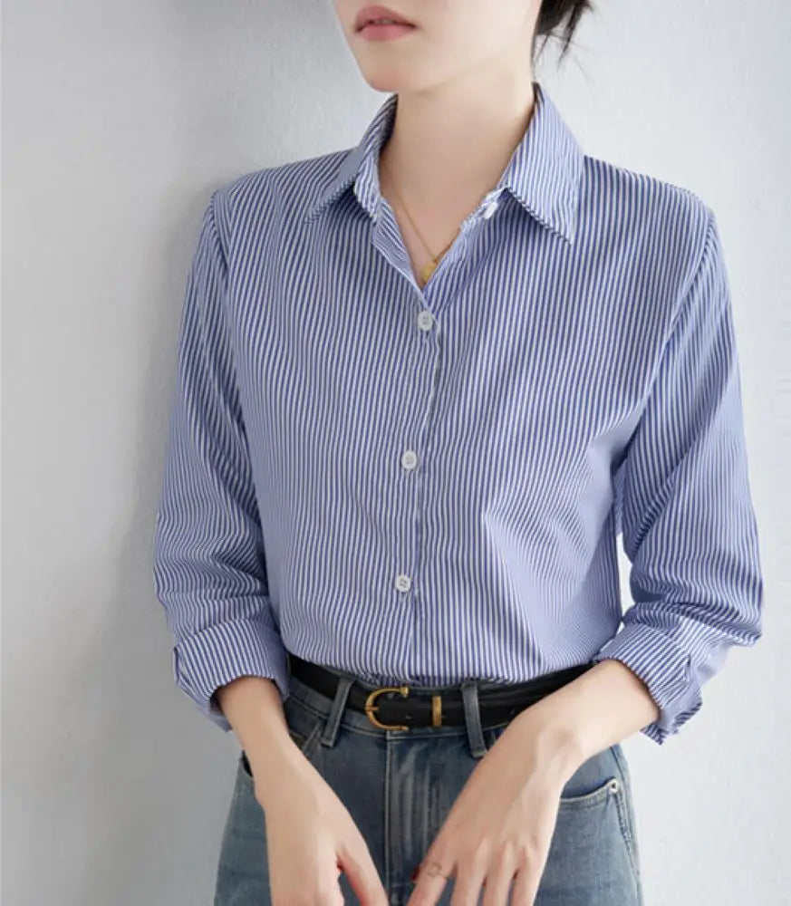 2025 Blue Striped Loose Shirt for Women - Casual Long Sleeve Fashion