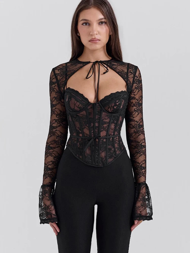 2025 Sexy Lace Set: Floral Long Sleeve Top & Skirt
