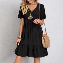 Load image into Gallery viewer, 2025 Elegant V-Neck Pleated A-Line Dress – Short Sleeve Beach &amp; Casual Wear
