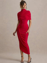 Load image into Gallery viewer, Sexy Backless Ruched Maxi Dress for Women – Turtleneck Half Sleeve High Waist
