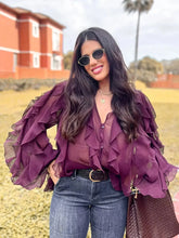 Load image into Gallery viewer, Burgundy Ruffle Layered Blouse – Elegant Loose-Fit Long Sleeve Shirt for Women
