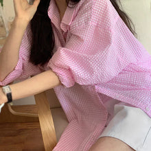 Load image into Gallery viewer, Korean-Inspired Plaid Shirt – Long Sleeve Sunscreen Shirt for Women, Casual &amp; Loose Fit
