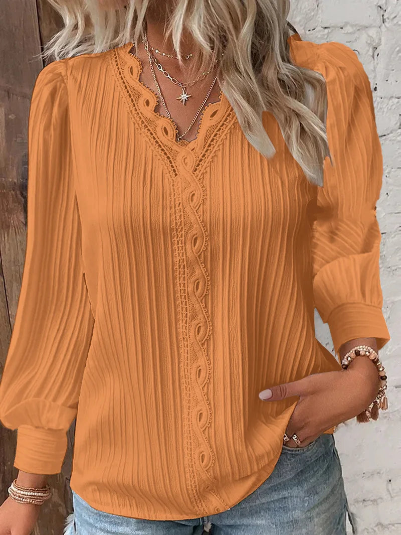 Elegant Lace V-Neck Blouse – Summer Long Sleeve Top