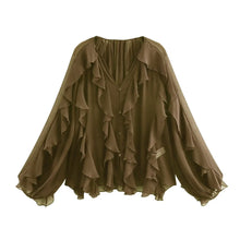Load image into Gallery viewer, Casual Ruffled V-Neck Blouse – Women&#39;s Lace-Up Hollow Out Spring Top
