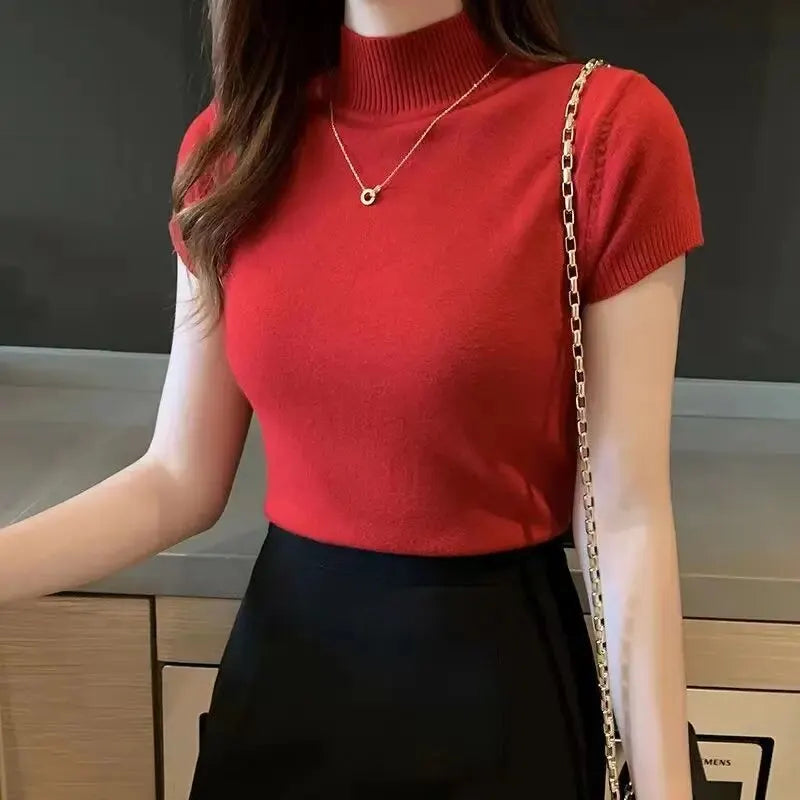 Elegant Half-High Neck T-Shirt – Women's Solid Color Casual Korean Style Top