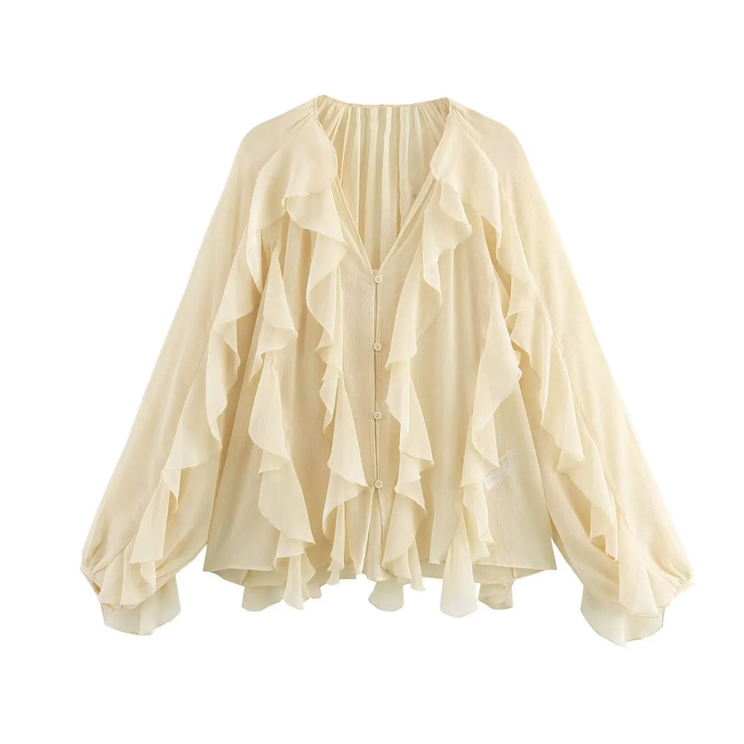 Casual Ruffled V-Neck Blouse – Women's Lace-Up Hollow Out Spring Top