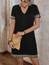 Load image into Gallery viewer, Elegant Sequin Jacquard Knit Dress – V-Neck Short Sleeve with Ribbon Detail
