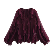 Load image into Gallery viewer, Casual Ruffled V-Neck Blouse – Women&#39;s Lace-Up Hollow Out Spring Top
