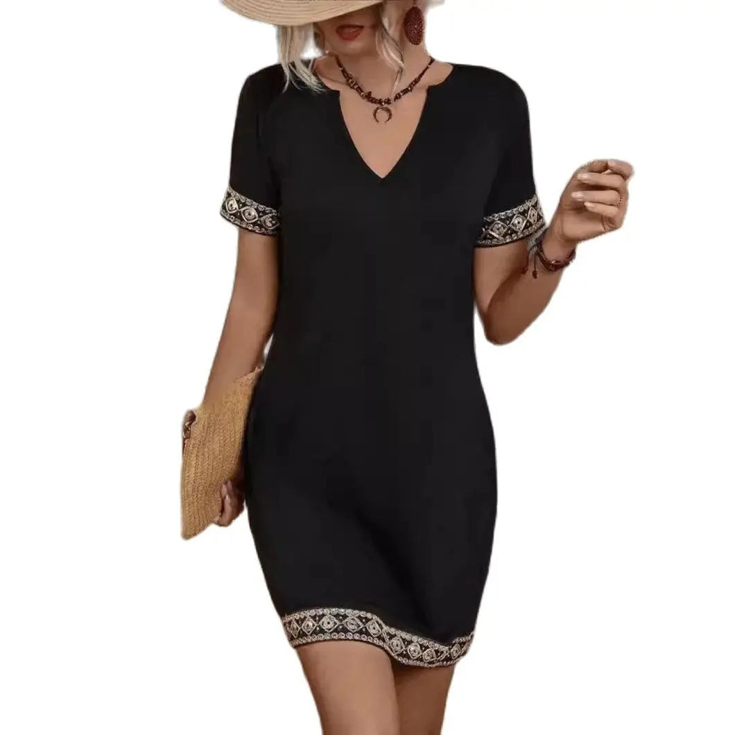 Elegant Sequin Jacquard Knit Dress – V-Neck Short Sleeve with Ribbon Detail