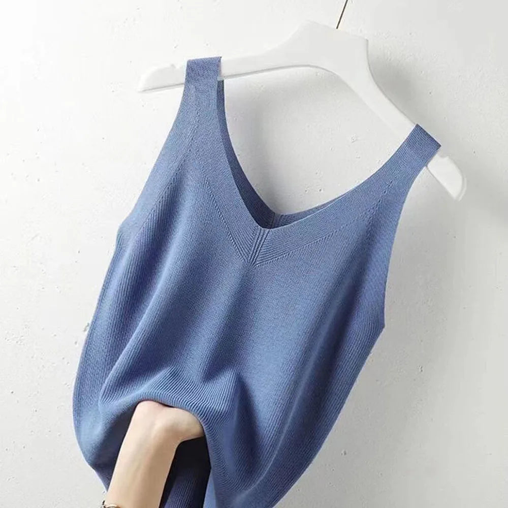 2025 Plus Knit V-Neck Ice Silk Tank Top - Women's Elegant Casual Cami