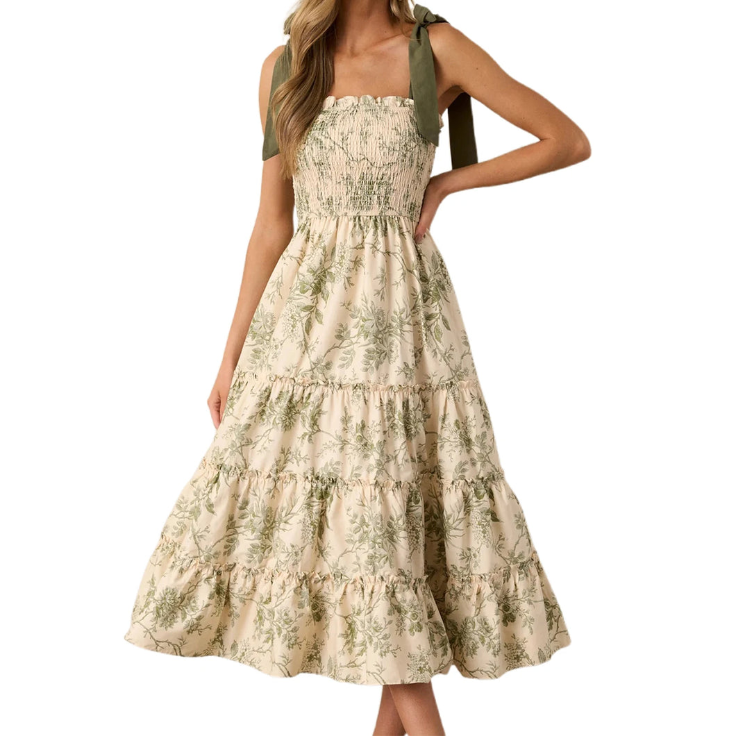 Elegant Floral Tie-Shoulder Maxi Dress – Sleeveless Summer Dress with Ruffled Trim