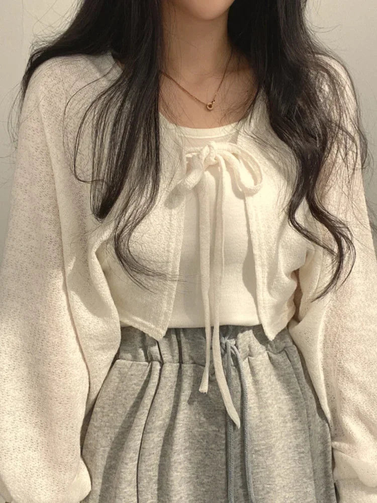 Thin White Cardigan for Women, Summer 2025, Knitted with Tie, Korean Style