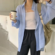 Load image into Gallery viewer, Korean-Inspired Plaid Shirt – Long Sleeve Sunscreen Shirt for Women, Casual &amp; Loose Fit
