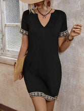 Load image into Gallery viewer, Elegant Sequin Jacquard Knit Dress – V-Neck Short Sleeve with Ribbon Detail
