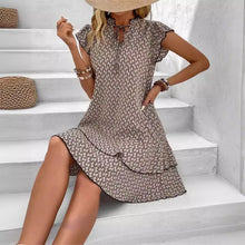 Load image into Gallery viewer, 2025 Boho Chic Ruffle Mini Dress – Printed V-Neck Lace-Up Casual Dress with Flutter Sleeves
