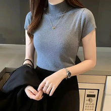 Load image into Gallery viewer, Elegant Half-High Neck T-Shirt – Women&#39;s Solid Color Casual Korean Style Top
