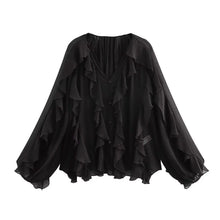 Load image into Gallery viewer, Casual Ruffled V-Neck Blouse – Women&#39;s Lace-Up Hollow Out Spring Top
