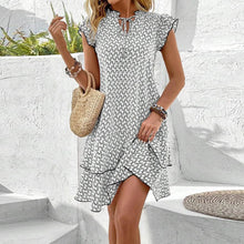 Load image into Gallery viewer, 2025 Boho Chic Ruffle Mini Dress – Printed V-Neck Lace-Up Casual Dress with Flutter Sleeves
