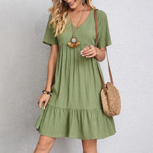 Load image into Gallery viewer, 2025 Elegant V-Neck Pleated A-Line Dress – Short Sleeve Beach &amp; Casual Wear
