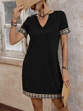 Load image into Gallery viewer, Elegant Sequin Jacquard Knit Dress – V-Neck Short Sleeve with Ribbon Detail
