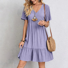 Load image into Gallery viewer, 2025 Elegant V-Neck Pleated A-Line Dress – Short Sleeve Beach &amp; Casual Wear
