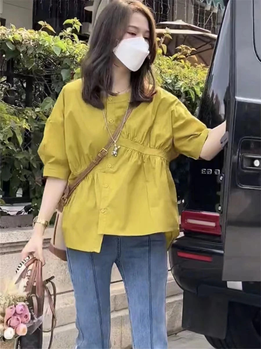 2025 Women's Korean Style Short Sleeve Summer Shirt - Loose Fit & Buttoned
