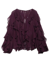 Load image into Gallery viewer, Burgundy Ruffle Layered Blouse – Elegant Loose-Fit Long Sleeve Shirt for Women
