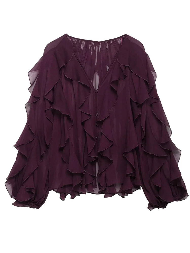 Burgundy Ruffle Layered Blouse – Elegant Loose-Fit Long Sleeve Shirt for Women