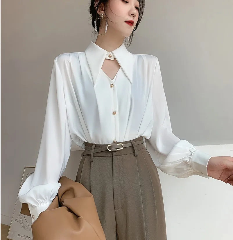 2025 Women's Satin Long-Sleeved Button-Down Shirt - Office Blouse