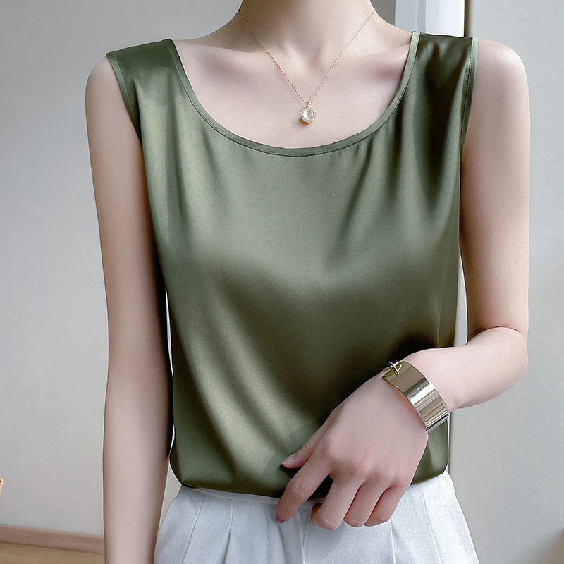Elegant Satin Silk Tank Top – Sleeveless O-Neck Camisole Blouse for Women