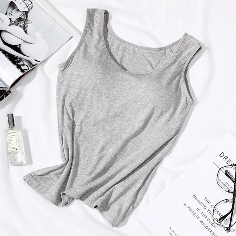 2025 Women's Slim Fit Vest Tops with Built-In Bra - Casual Solid Color