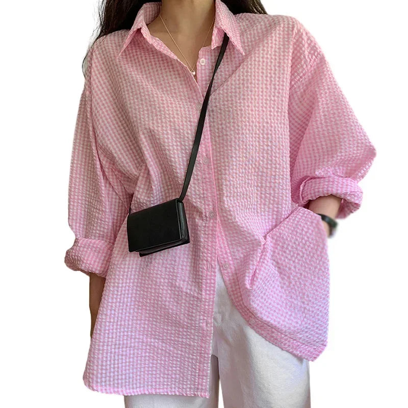 Korean-Inspired Plaid Shirt – Long Sleeve Sunscreen Shirt for Women, Casual & Loose Fit