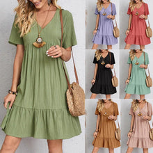 Load image into Gallery viewer, 2025 Elegant V-Neck Pleated A-Line Dress – Short Sleeve Beach &amp; Casual Wear
