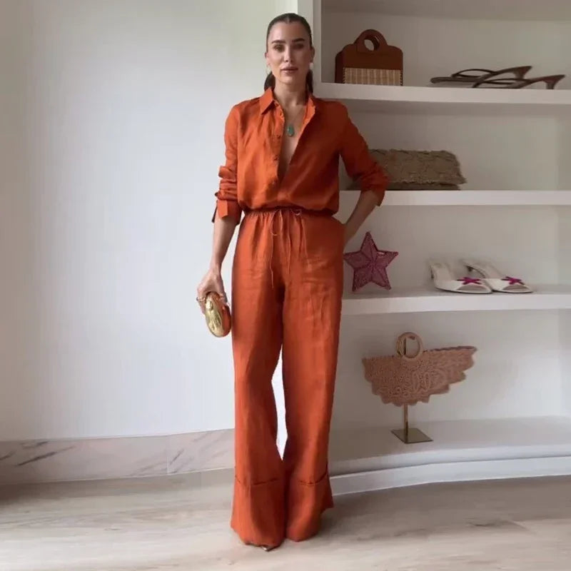 2025 Spring Casual Solid Shirt & Pants Suit – Lapel Single-Breasted Loose Shirt & Wide-Leg Drawstring Trousers