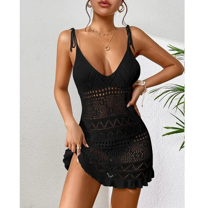 2025 Women's Summer Sleeveless Knitted Backless Beach Dress Cover-Up