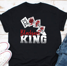 Load image into Gallery viewer, a black shirt that says blacula king with playing cards on it
