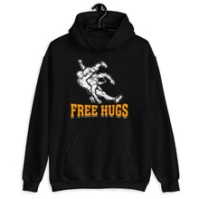 Load image into Gallery viewer, a black hoodie with the words free hugs on it
