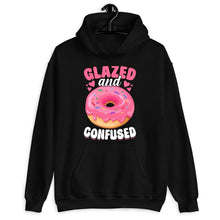 Load image into Gallery viewer, a black hoodie with a pink donut on it
