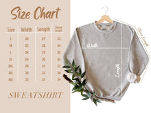 Load image into Gallery viewer, a size chart for a sweatshirt with a plant on it
