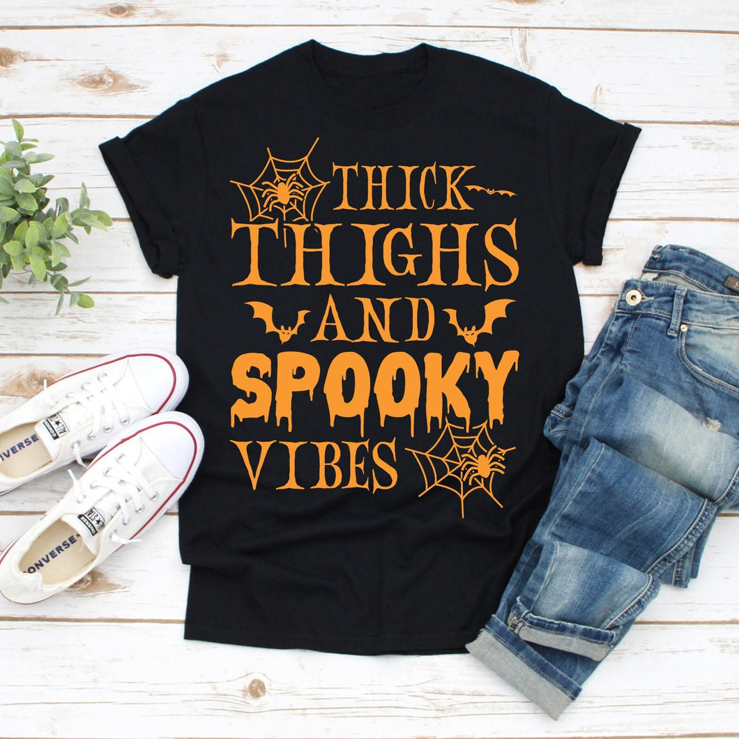 Thick Thighs And Spooky Vibes T Shirt, 2021 Halloween Shirt, Witch Shirt, Woman Halloween T Shirts